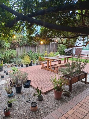 A patio area with a wooden table and benches, surrounded by potted plants and a gravel path. - Jasmin cottage Brixton (Johannesburg)