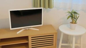 Een televisie op een houten standaard, een witte bijzettafel met een plant en een raam met gordijnen.