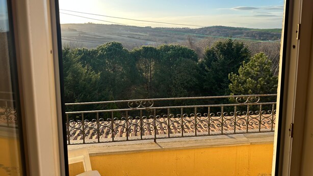 A view from a window with a metal railing, a yellow wall, and a landscape of trees and hills. - Goat house near the airport (Arnavutköy)