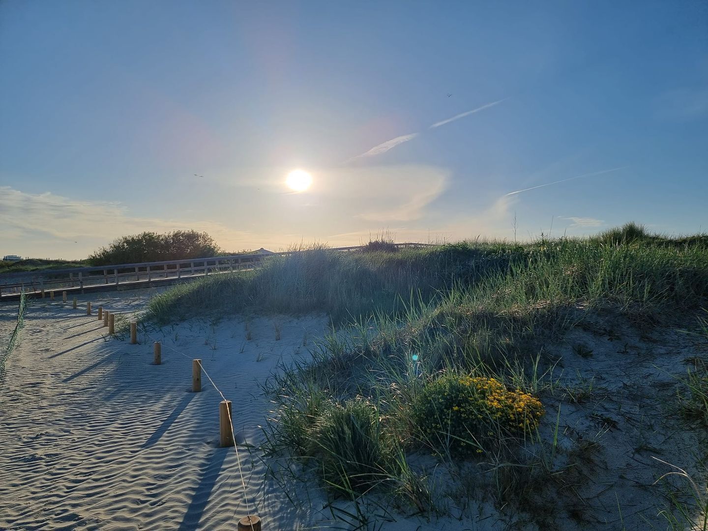 A sandy beach with a wooden walkway and a wooden fence.