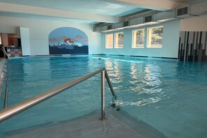 Ein Innenpool mit Blick auf eine Bergmalerei, großen Fenstern und einer Metallleiter.