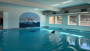 An indoor swimming pool with a mural of a mountain landscape on the wall. - Attractive studio in Bolquère (BOLQUERE)