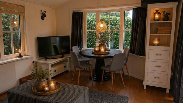 A living room with a TV, a round dining table, chairs, a fireplace, and a bookshelf. - Vechtdal Chalet de Berk (Rheezerveen)