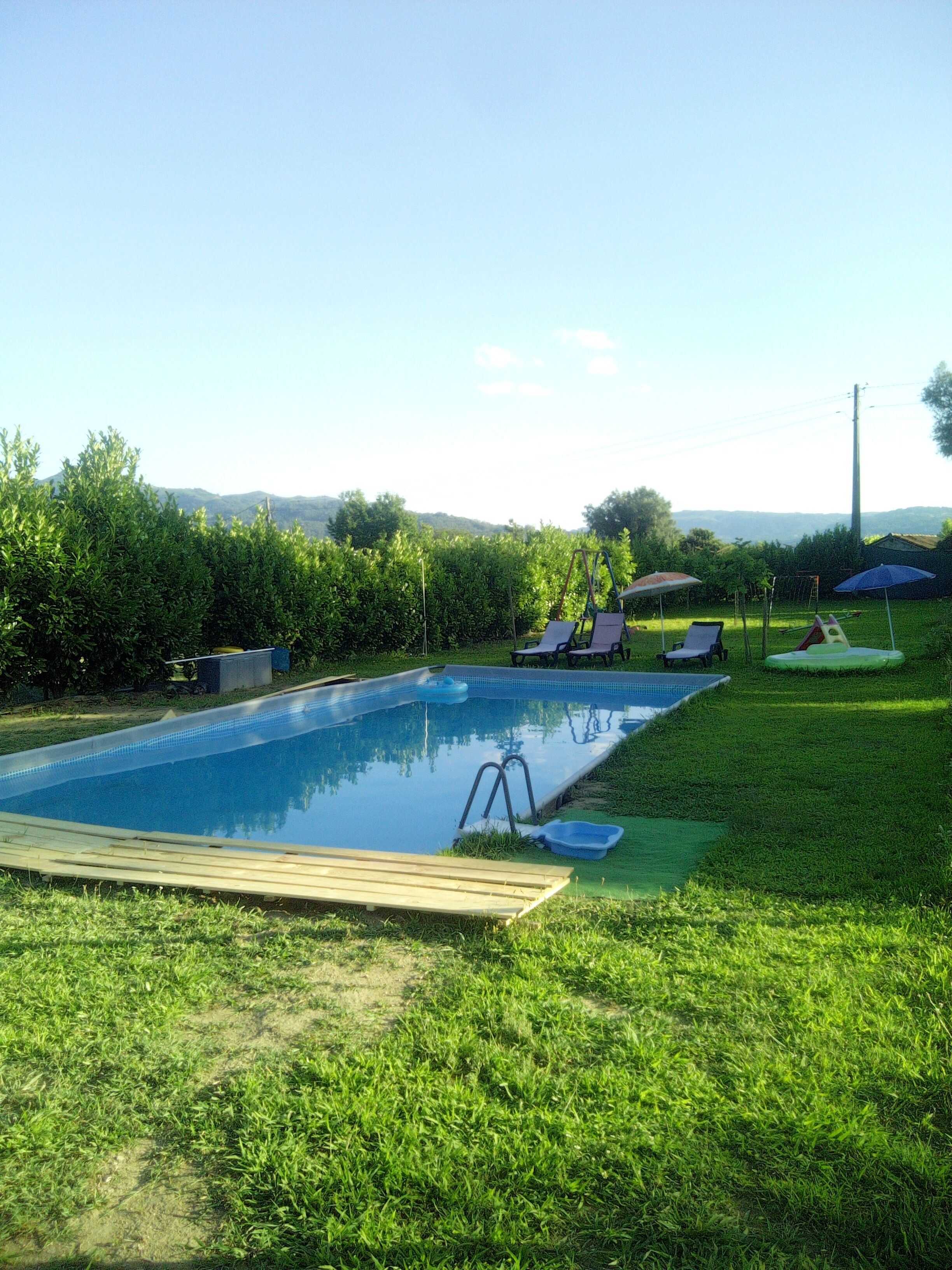 A swimming pool with a wooden deck, surrounded by grass and trees.