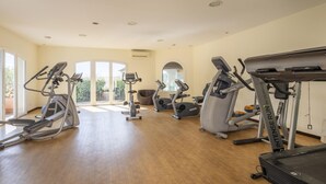 Un gimnasio con diversas máquinas de ejercicio, amplios ventanales y suelo de madera.