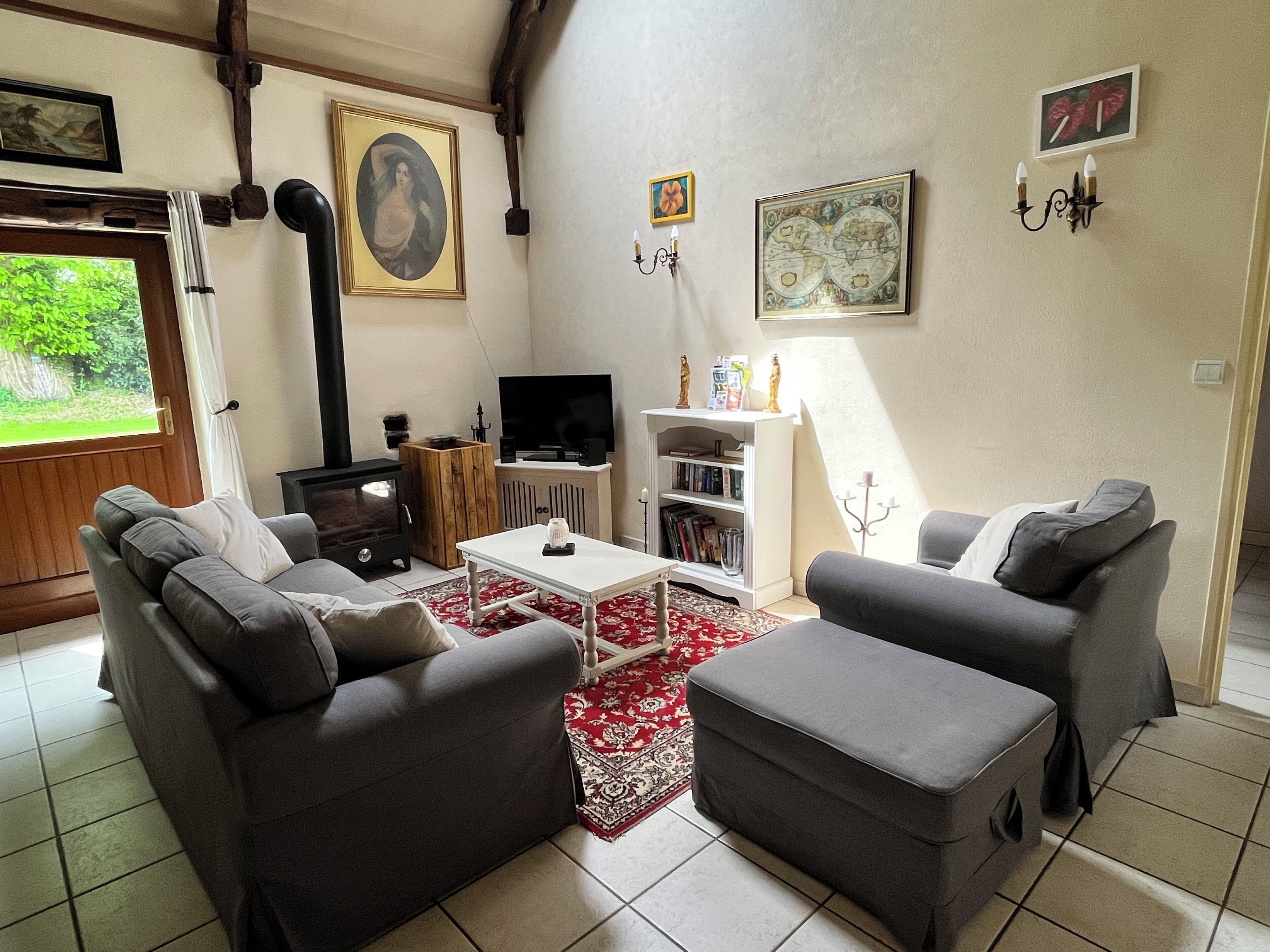Télévision, cheminée, lecteur de DVD, livres