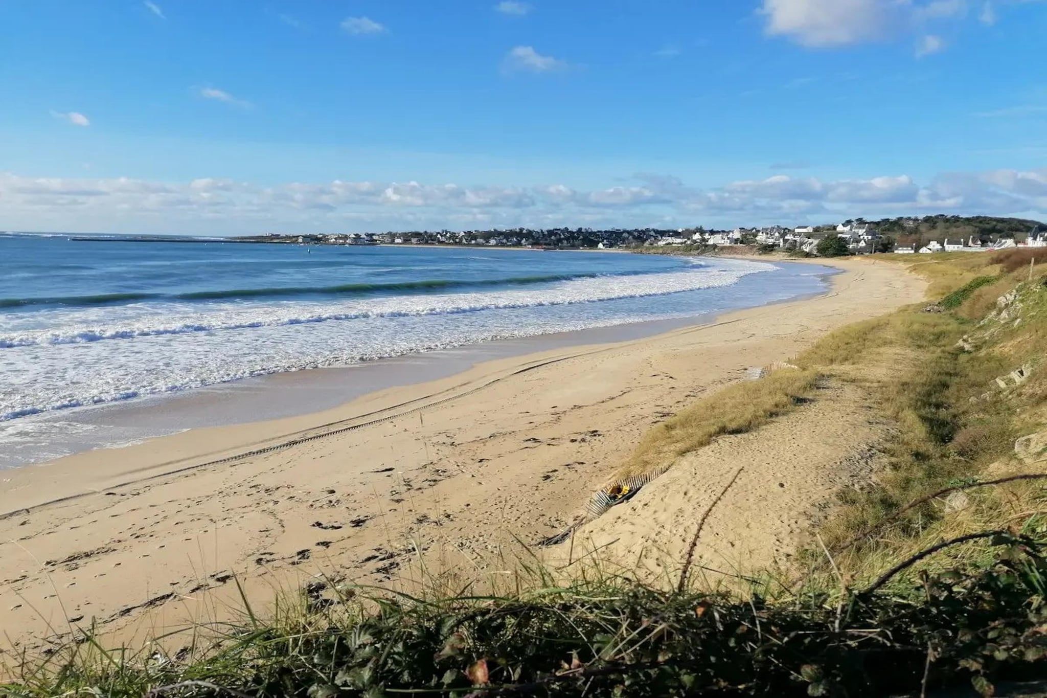 A beach with a sandy shore, a fence, and houses in the background.