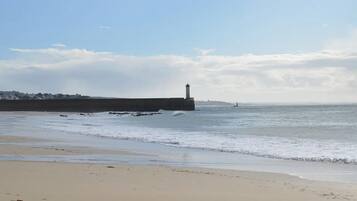 A beach with a lighthouse and a rocky breakwater.