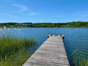 Un muelle de madera se adentra en un lago tranquilo con una orilla boscosa al fondo.