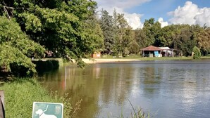 A tranquil lakeside setting with a dog park sign, lush greenery, and a small building with a red roof.