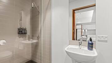 A bathroom with a glass shower enclosure, a sink, and a mirror.