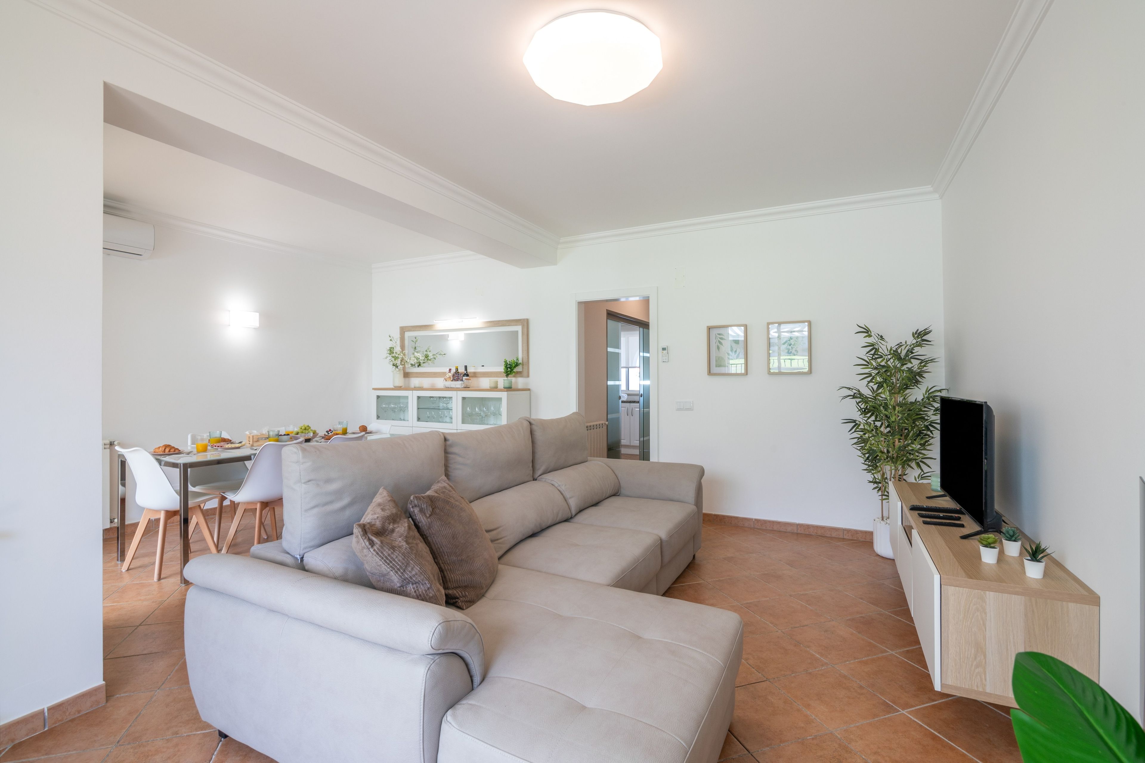 Ein Wohnzimmer mit Sofa, einem Essbereich mit Tisch und Stühlen, einem Fernseher und einer Pflanze.