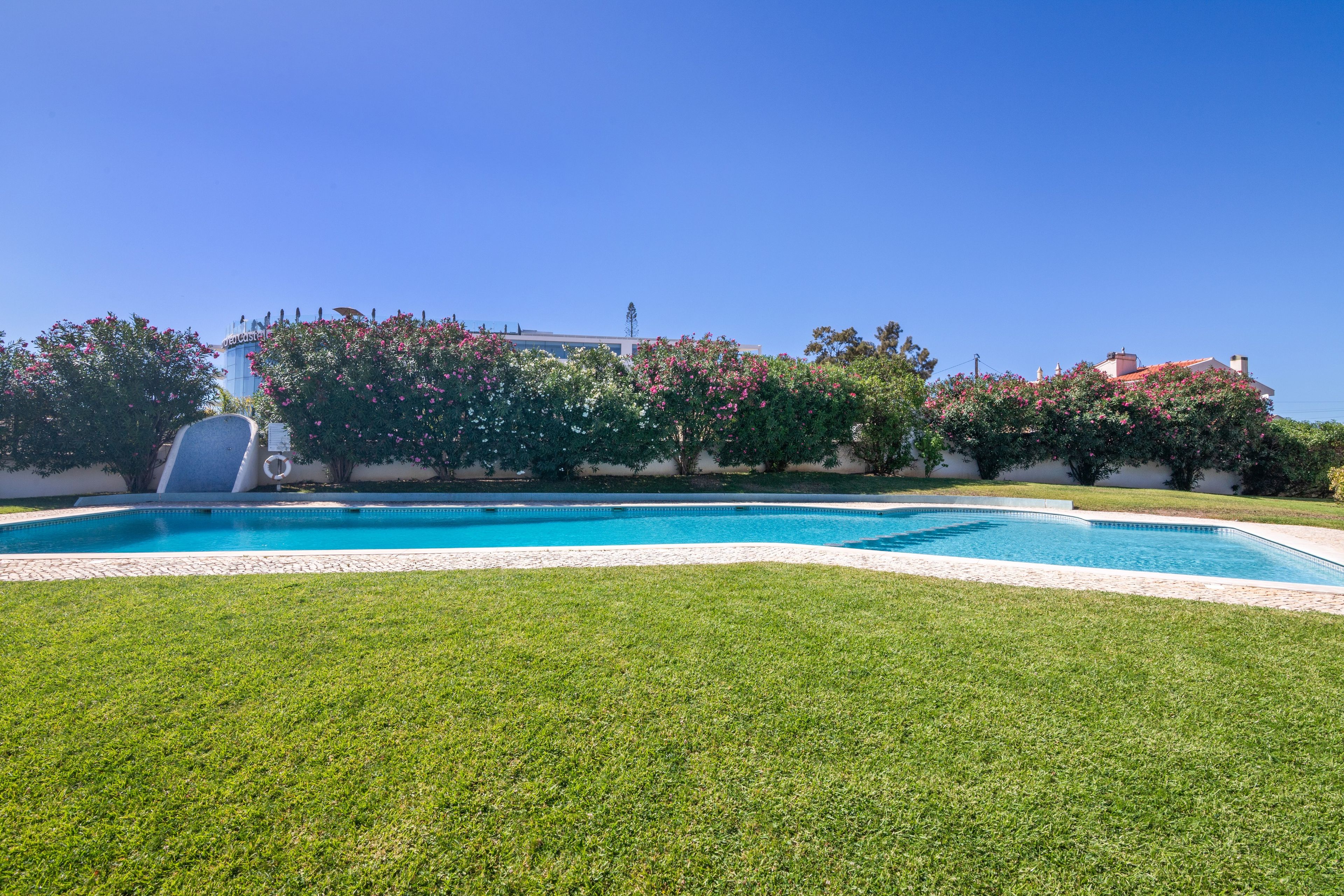 Una piscina con cielo azul despejado, rodeada de césped cuidado y arbustos florecientes.