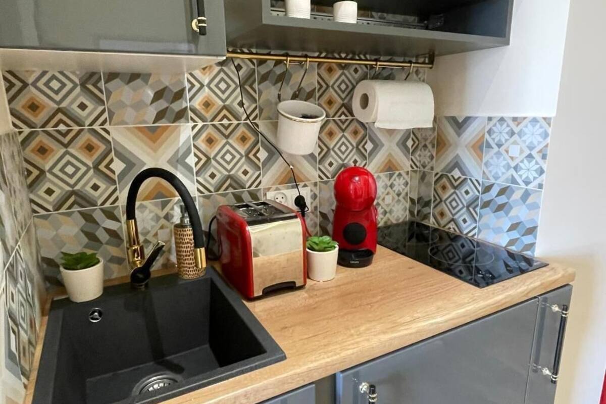 A kitchen with a black sink, a red toaster, a red kettle, and a potted plant.