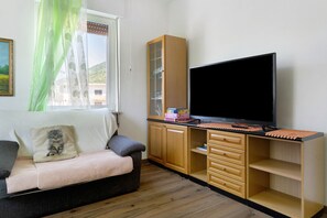 Un salon comprenant un canapé, un téléviseur, des meubles en bois et une fenêtre ornée de rideaux légers.