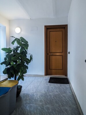 Ein Flur mit einer Holztür, einem Blumentopf und einem Fliesenboden.