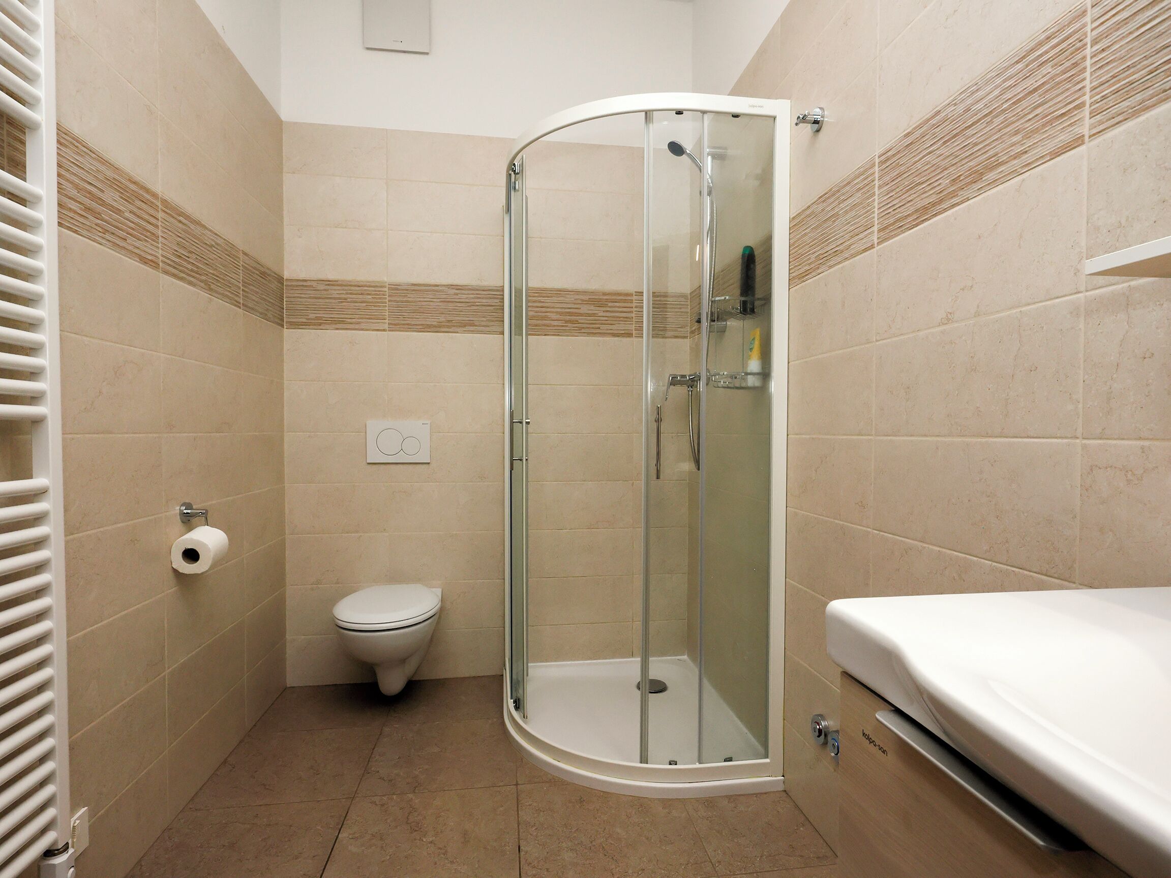 A bathroom with a glass-enclosed shower, a toilet, and a sink.