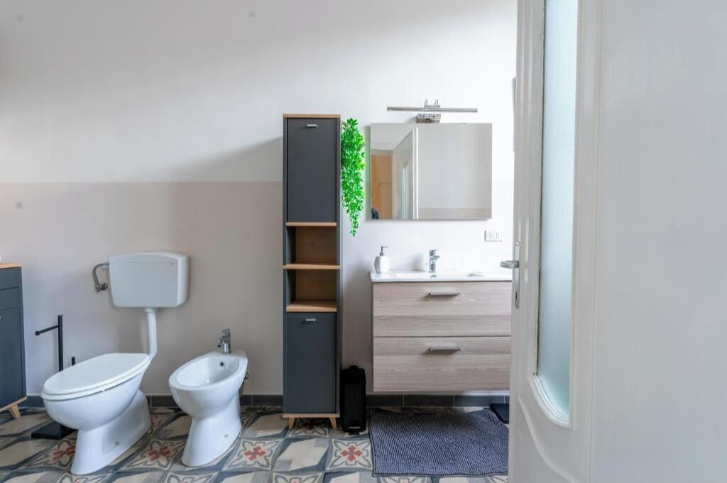 A bathroom with a toilet, bidet, cabinet, mirror, and a small plant.