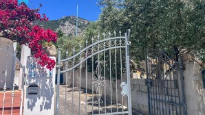 Una entrada con reja de hierro forjado, un edificio blanco con balcón y una planta roja con flores.