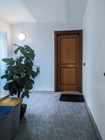 Un corridoio con una porta in legno, una pianta in vaso e un pavimento piastrellato.
