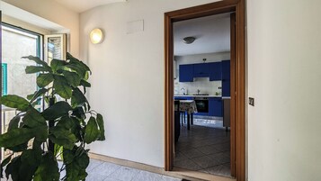Una porta d'ingresso conduce a una cucina con mobili azzurri, pavimento piastrellato e una pianta in vaso in primo piano.