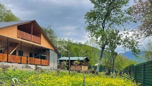 Ein modernes Haus mit Balkon, umgeben von einem Garten mit gelben Blumen.