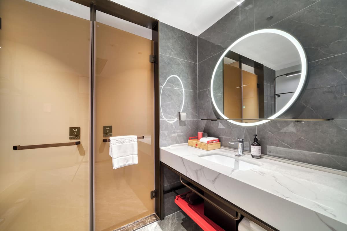 Hair dryer, towels, shampoo, toilet paper