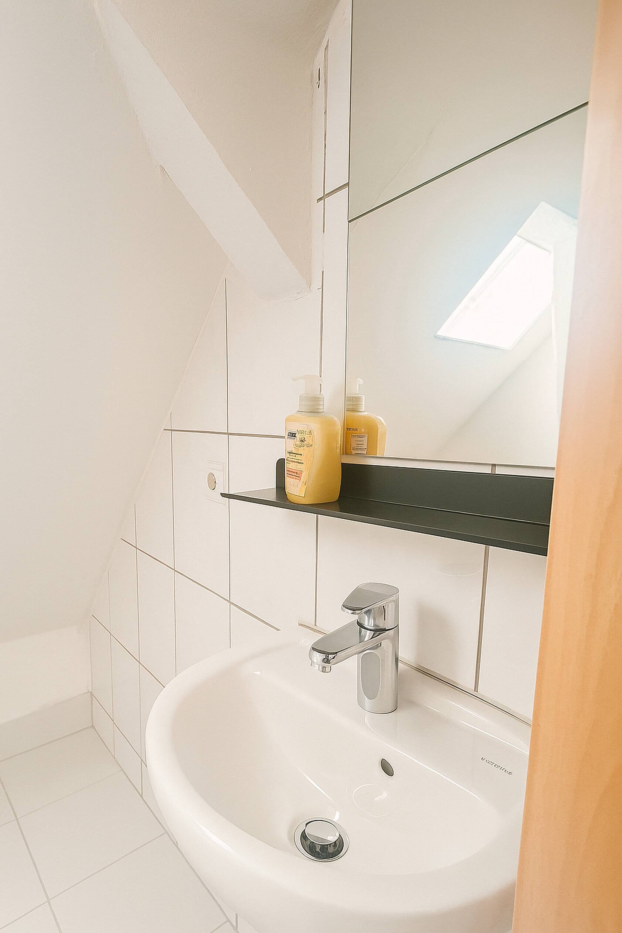 Ein Badezimmer mit einem weißen Waschbecken, einem Spiegel und zwei Ablagen mit Pflegeprodukten.