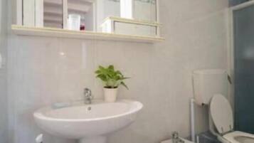 Douche, sĂšche-cheveux, bidet, serviettes fournies