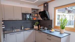 A modern kitchen with a built-in oven, a sink, and a window with a view of the outside. - Modern apartment with mountain view (Chiusa)