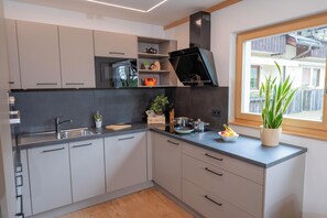 A modern kitchen with a built-in oven, a sink, and a window with a view of the outside. - Modern apartment with mountain view (Chiusa)