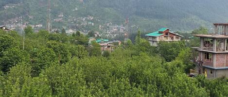 A mountainous landscape with a dense green forest in the foreground, a few buildings, and a clear sky.
