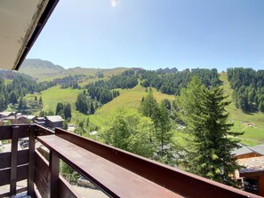 A balcony with a view of a mountainous landscape, including green fields and forested areas. - Beautiful 2-room apartment for 4 people, balcony, Plagne 1800 (La Plagne 1800)