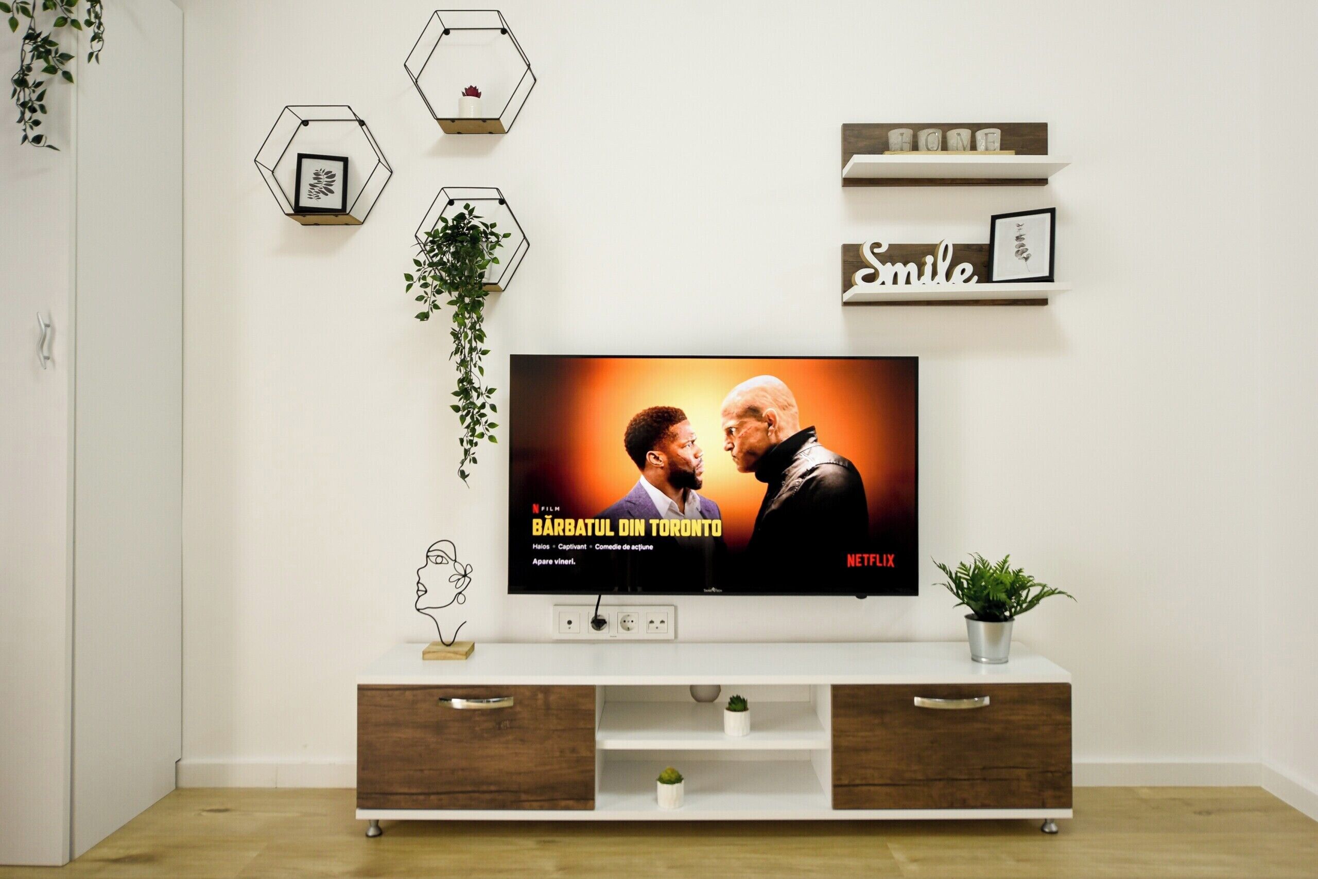 Un televisor montado en la pared con un cuadro enmarcado debajo, una estantería con objetos decorativos y una planta pequeña en el mueble del televisor.