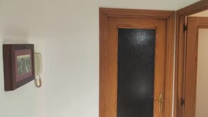 En trædør med et sort glasfelt, et billede i ramme på væggen og en dørhåndtag.