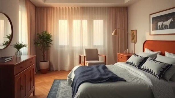 Et soveværelse med seng, stol, skrivebord, ventilator og et vindue med gardiner.