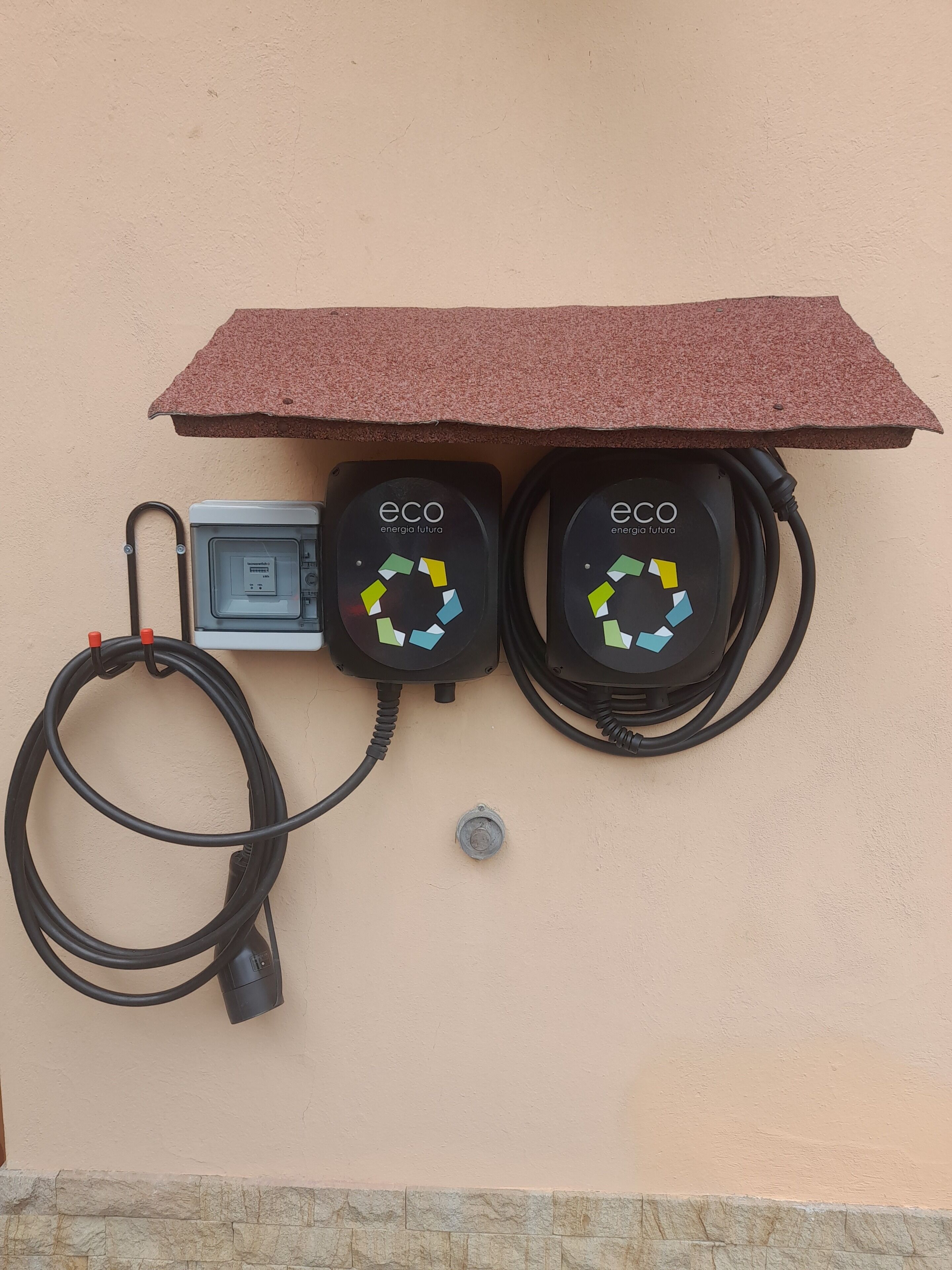 Two electric vehicle charging stations labeled 'eco energia futura' mounted on a wall with a brown textured cover.