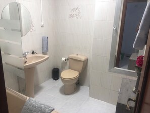Shower, eco-friendly toiletries, hair dryer, towels