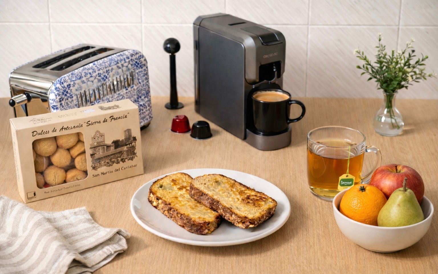 A kitchen with a toaster, coffee maker, a plate of toast, a box of Dulce de Leche cookies, a glass of tea, and a bowl of fruit.