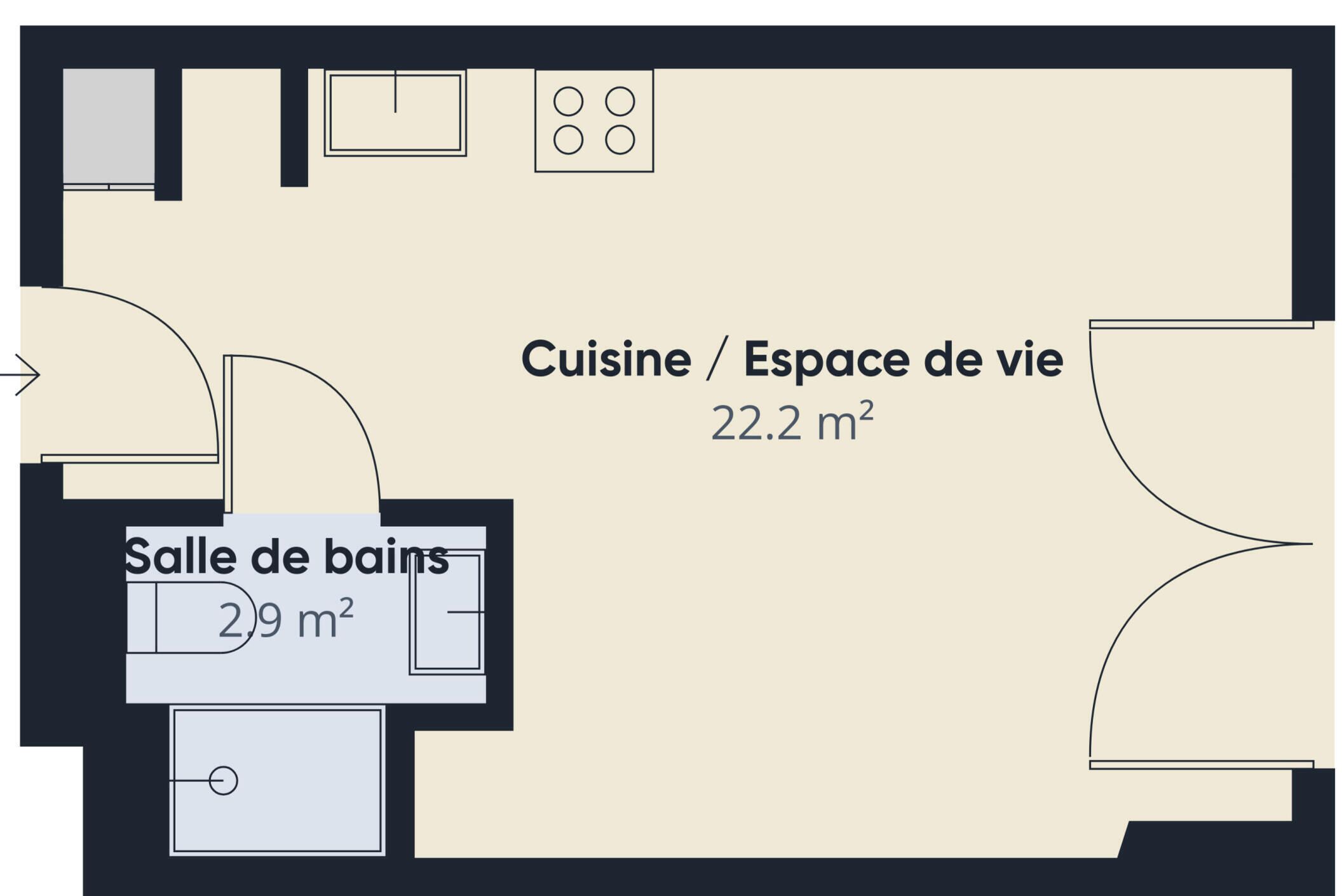 Plano de planta que muestra una cocina de 22,2 m² y un baño de 2,9 m².