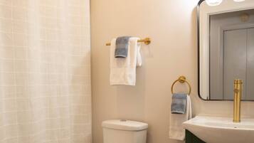 A bathroom with a toilet, a sink, a mirror, and a shower curtain.