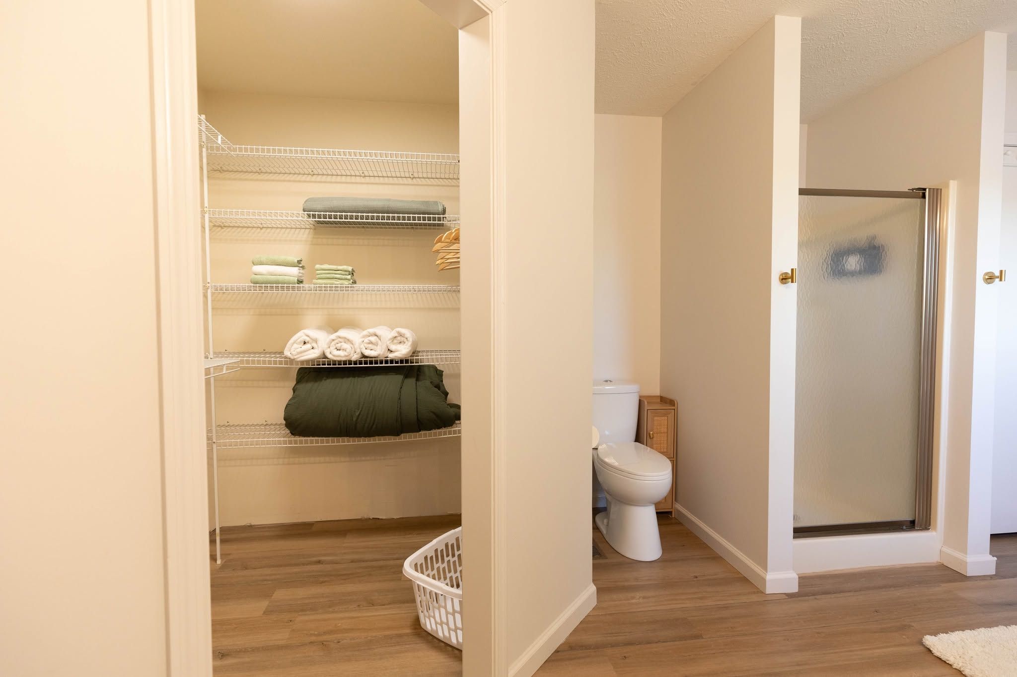 A bathroom with a toilet, a shower, and a storage area with shelves.