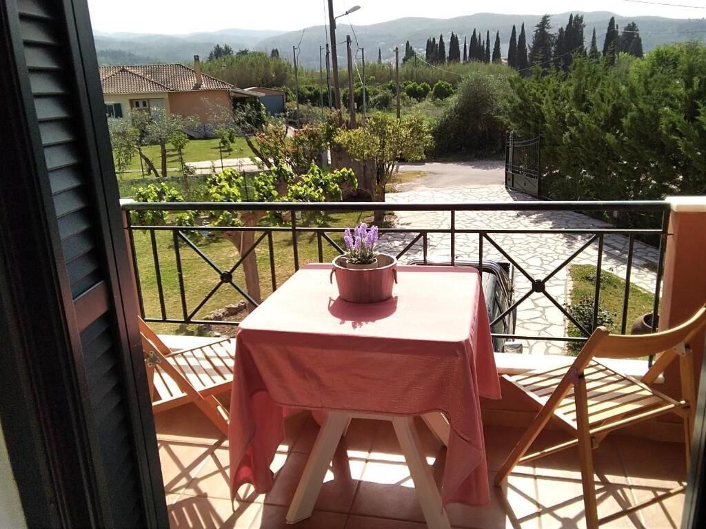 Un balcon avec une table et des chaises, un pot de fleurs et une vue sur un paysage rural.