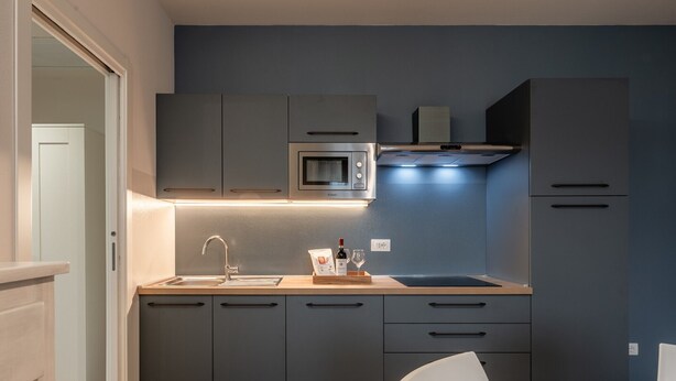 A modern kitchen with grey cabinets, a built-in microwave, and a wooden countertop. - Apartment 'Virginia' with Mountain View, Shared Pool and Wi-Fi (Bosco di Piccione)