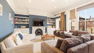 TV, fireplace, books