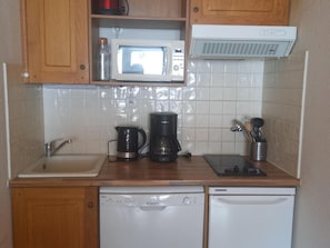 A compact kitchen with a microwave, coffee maker, sink, and dishwasher. - Cozy apartment, south terrace - 4 guests (Valloire)