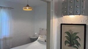 Een slaapkamer met een bed, een hanglamp, een nachtkastje, een kussen, een lijst met een plant en een wandlamp.