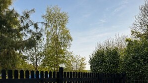 Een zwembad met houten omheining en omliggend groen.