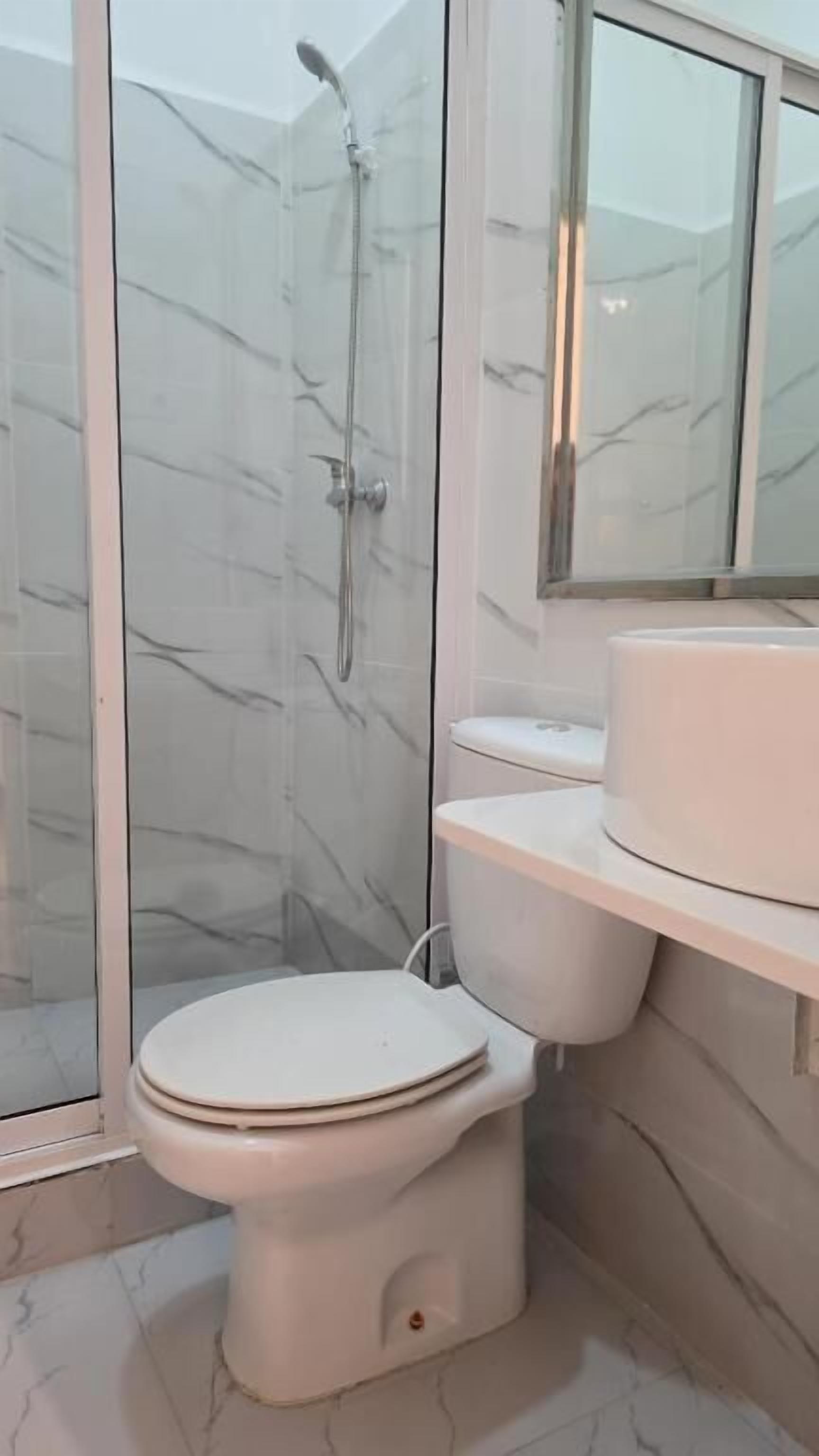 Een badkamer met een douchecabine van glas, een toilet en een wastafel met spiegel erboven.