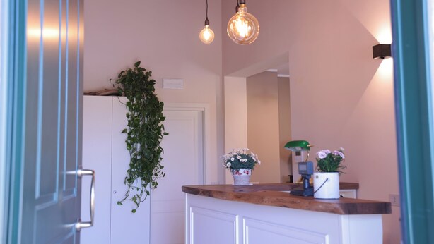 A hallway with a wooden counter, hanging plants, and pendant lights. - Agriturismo Ca' Brusca (Reggio nell'Emilia)